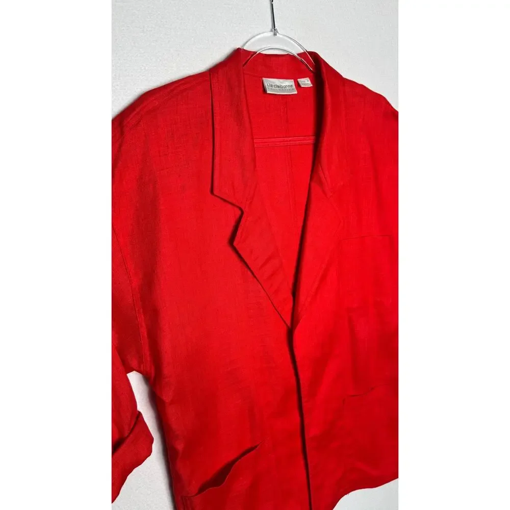 1990s Liz Claiborne Red Linen Open Front Oversized Jacket Size 6 M/L